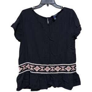 Great Northwest Indigo Shirt Women Large Black Embroidered Boho Peplum Ruffle